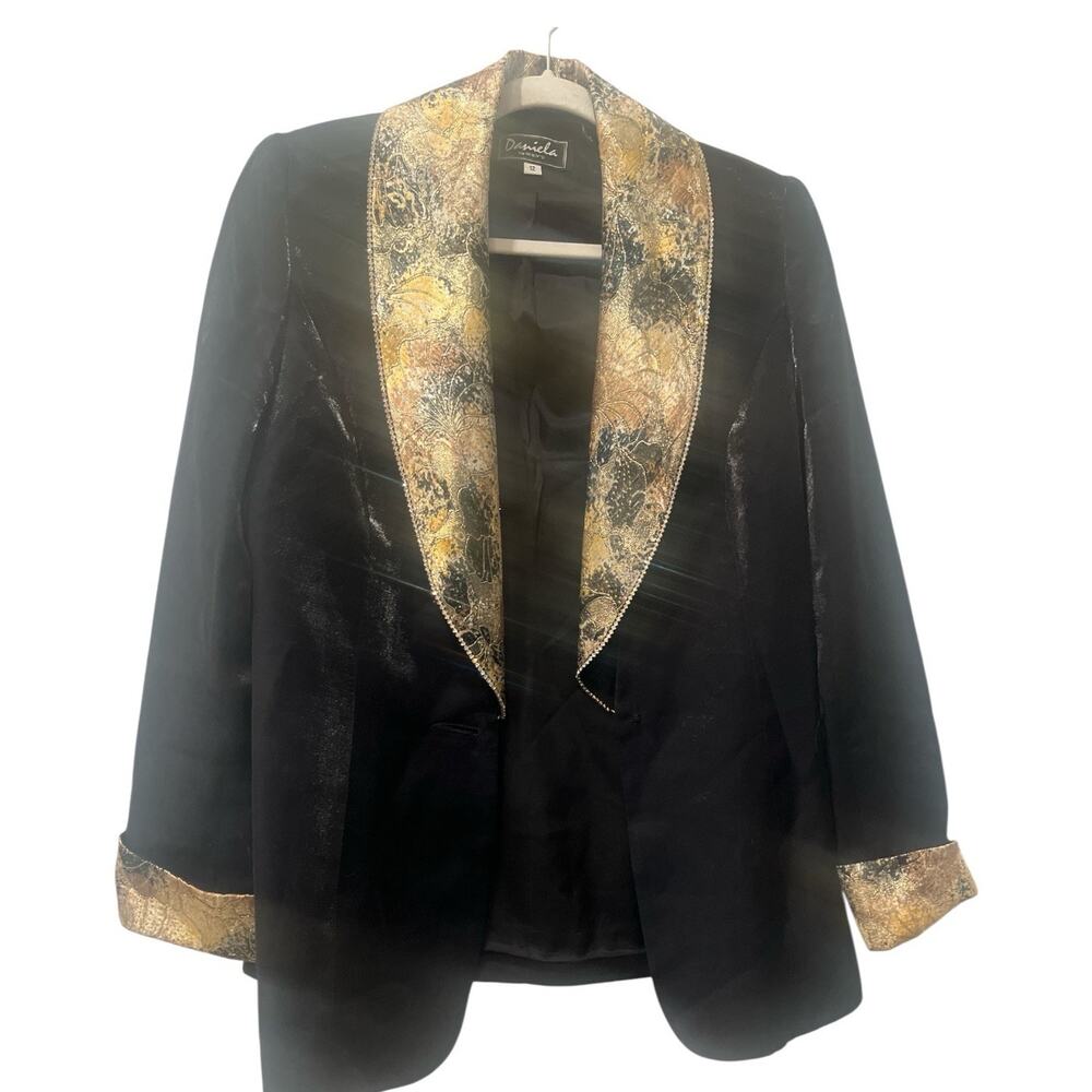 Vintage Daniela Neicy's Black Gold Statement Blazer Floral Rhinestones Size 12